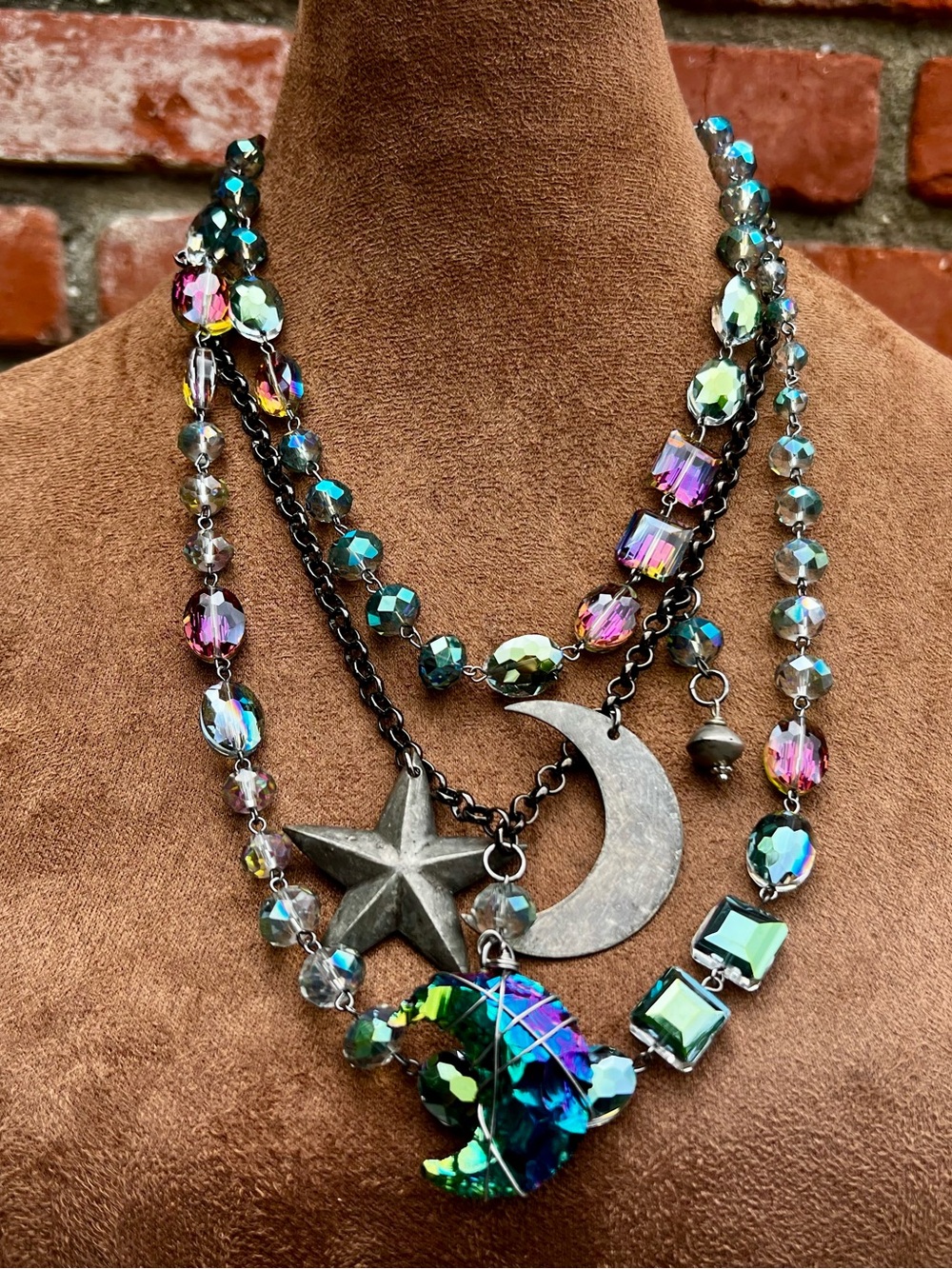 Iridescent Multi-Row Celestial Necklace with Star, Moon & Crystal Pendant